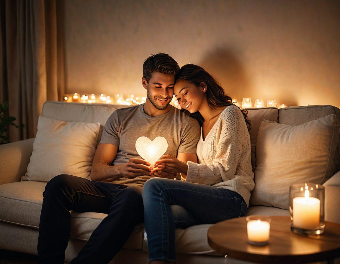 A cozy scene featuring a couple sitting together on a soft couch, surrounded by romantic candlelight and warm tones, sharing affectionate glances and smiles. Include symbols of intimacy like intertwined hands and a heart-shaped object nearby. The background should be softly blurred to emphasize their connection. super-realistic. warm colors. soft focus.