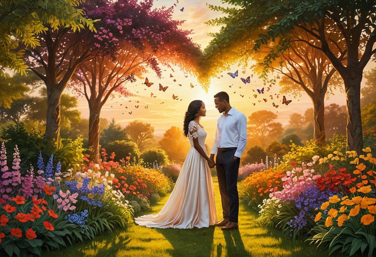 A romantic scene depicting a couple in a lush, blooming garden, holding hands and smiling at each other with a warm sunset in the background. Subtle heart shapes formed by flowers and butterflies fluttering around them, symbolizing connection and love. The couple should represent diverse ethnicities, showcasing unity and harmony. The overall ambiance should evoke feelings of warmth and hope. vibrant colors. painterly style.