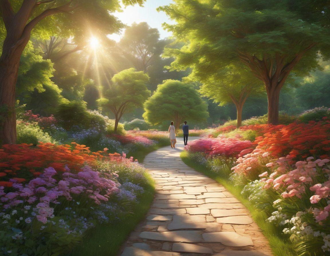A serene park scene showcasing a couple walking hand in hand along a winding path, surrounded by lush greenery and blooming flowers. Soft sunlight filters through the trees, creating a warm and inviting atmosphere. The couple, representing diversity, engage in a light-hearted conversation, symbolizing deep connection and intimacy. In the background, other couples can be seen enjoying the tranquility of the setting. 3D art style. vibrant colors.